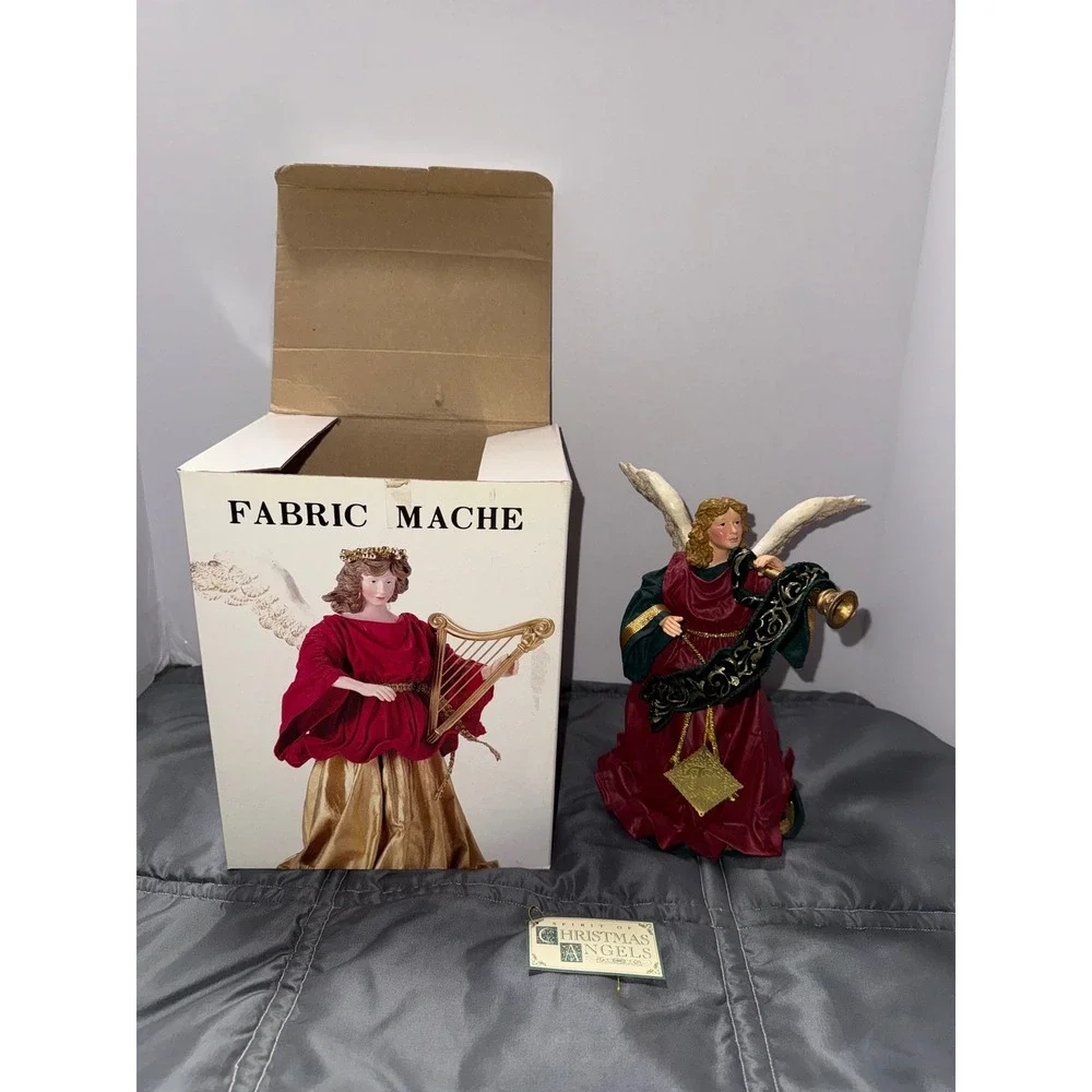 Spirit of Christmas Angels Fabric Mache Figurine Burgundy Green Gold Trumpet Box